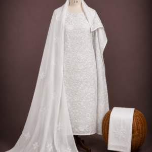 Pure White Tone-on-Tone Handwork Threadwork Suit for Women with Elegant Embroidered Ethnic Design