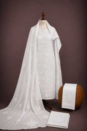 Pure White Tone-on-Tone Handwork Threadwork Suit for Women with Elegant Embroidered Ethnic Design