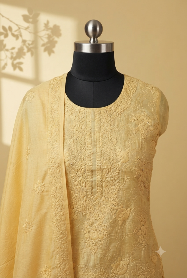 Mul chanderi tone to tone hand work suit